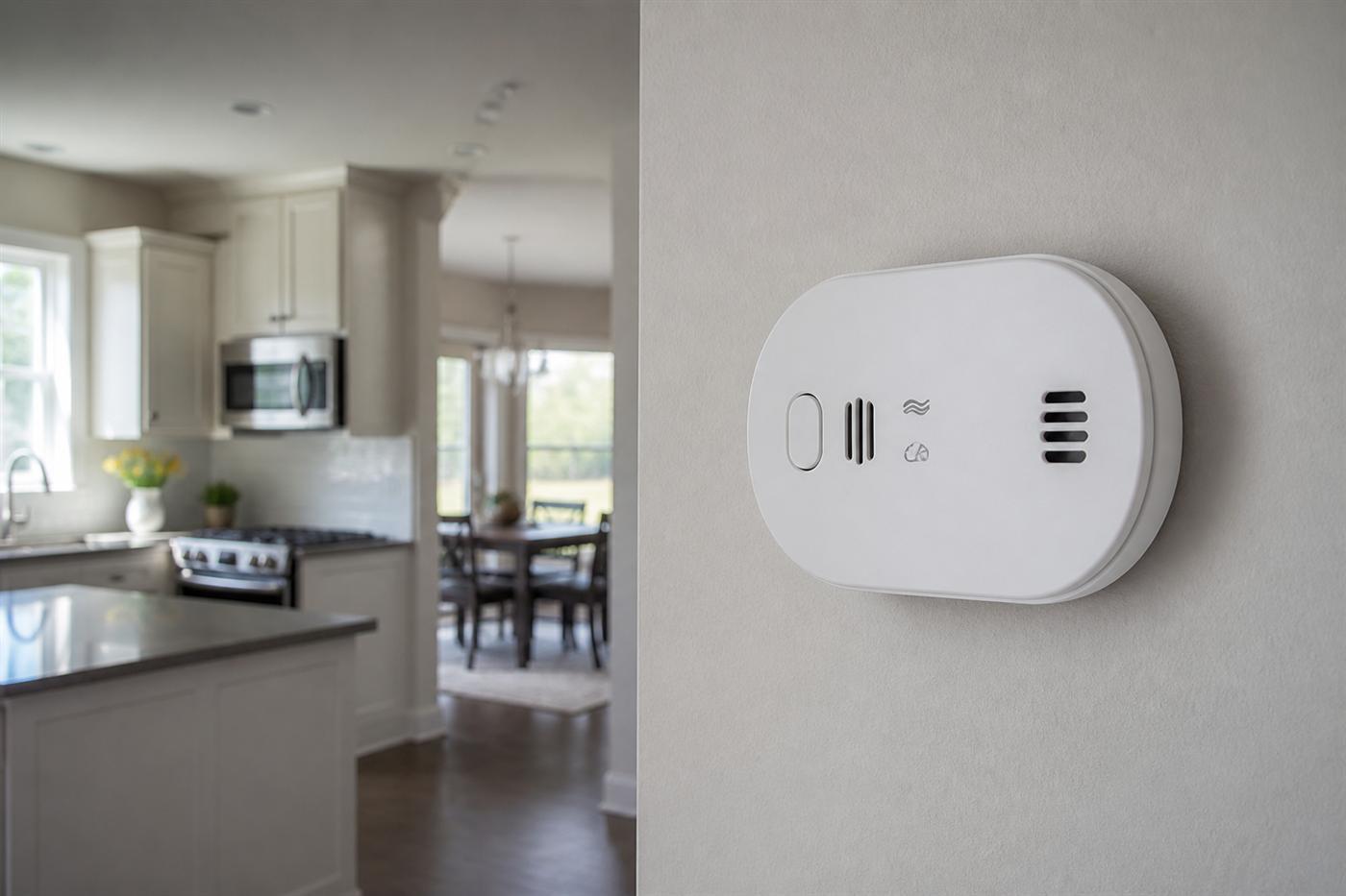 Carbon monoxide detector on a wall in a home kitchen area